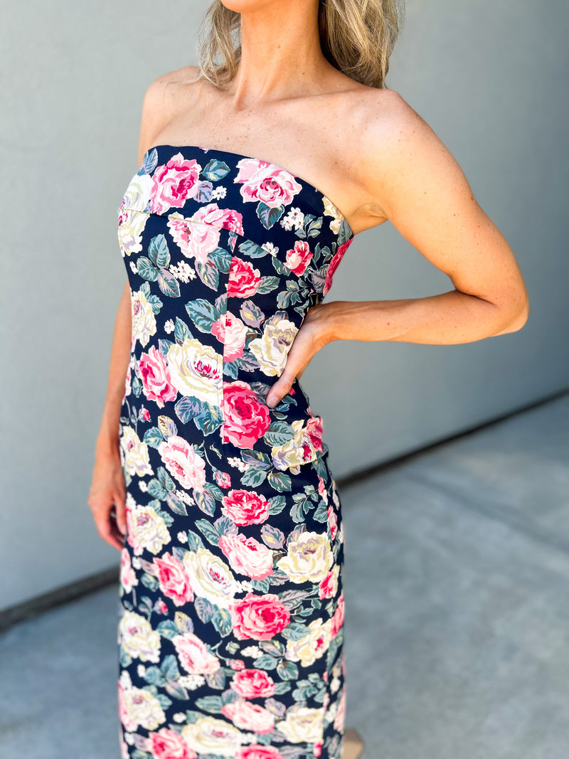 Mable Strapless Floral Midi Dress