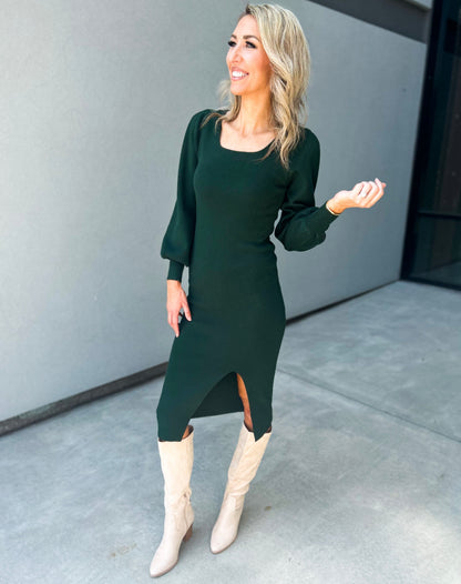 Cambelle Balloon Sleeve Ribbed Sweater Dress