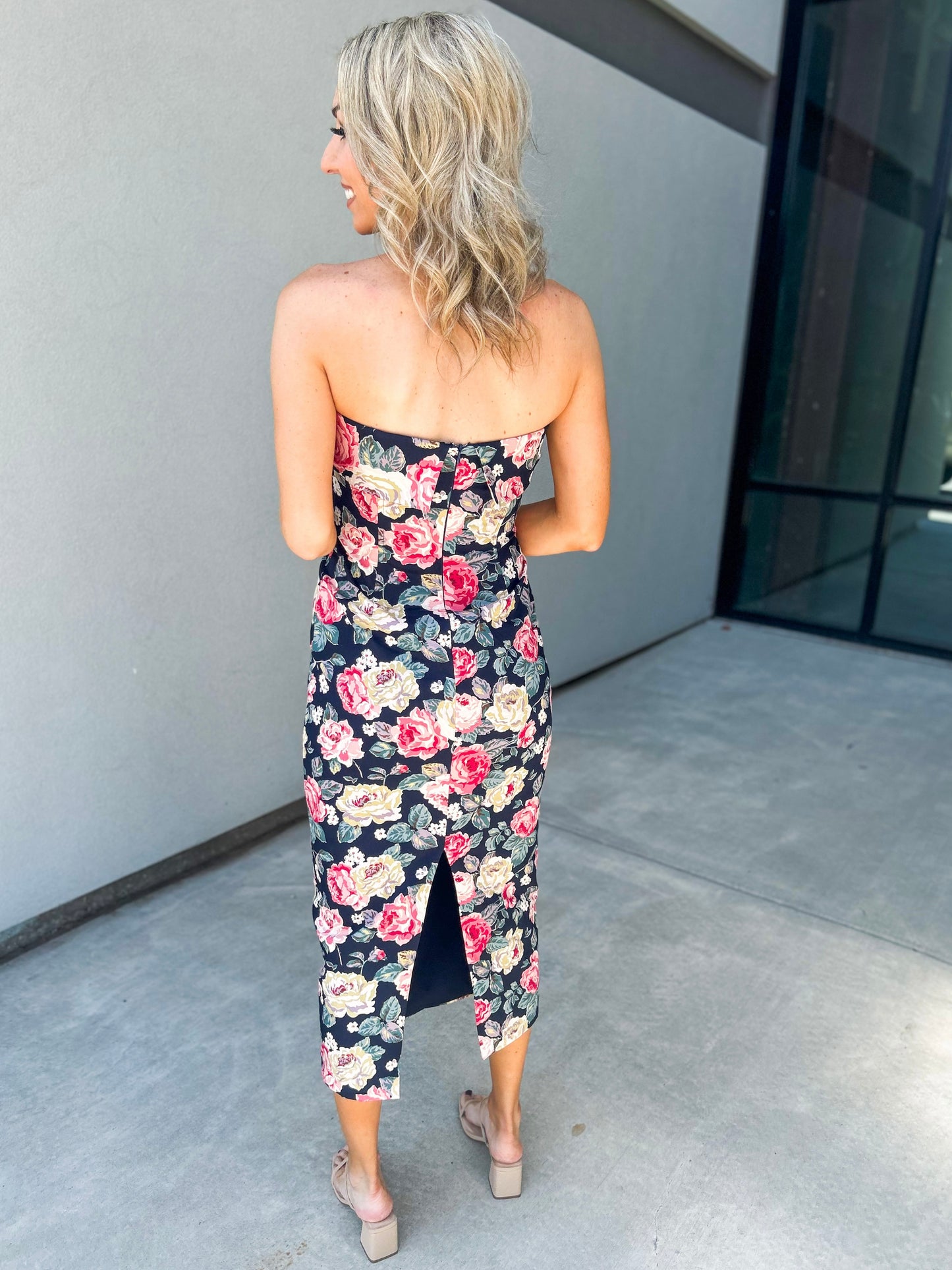 Mable Strapless Floral Midi Dress