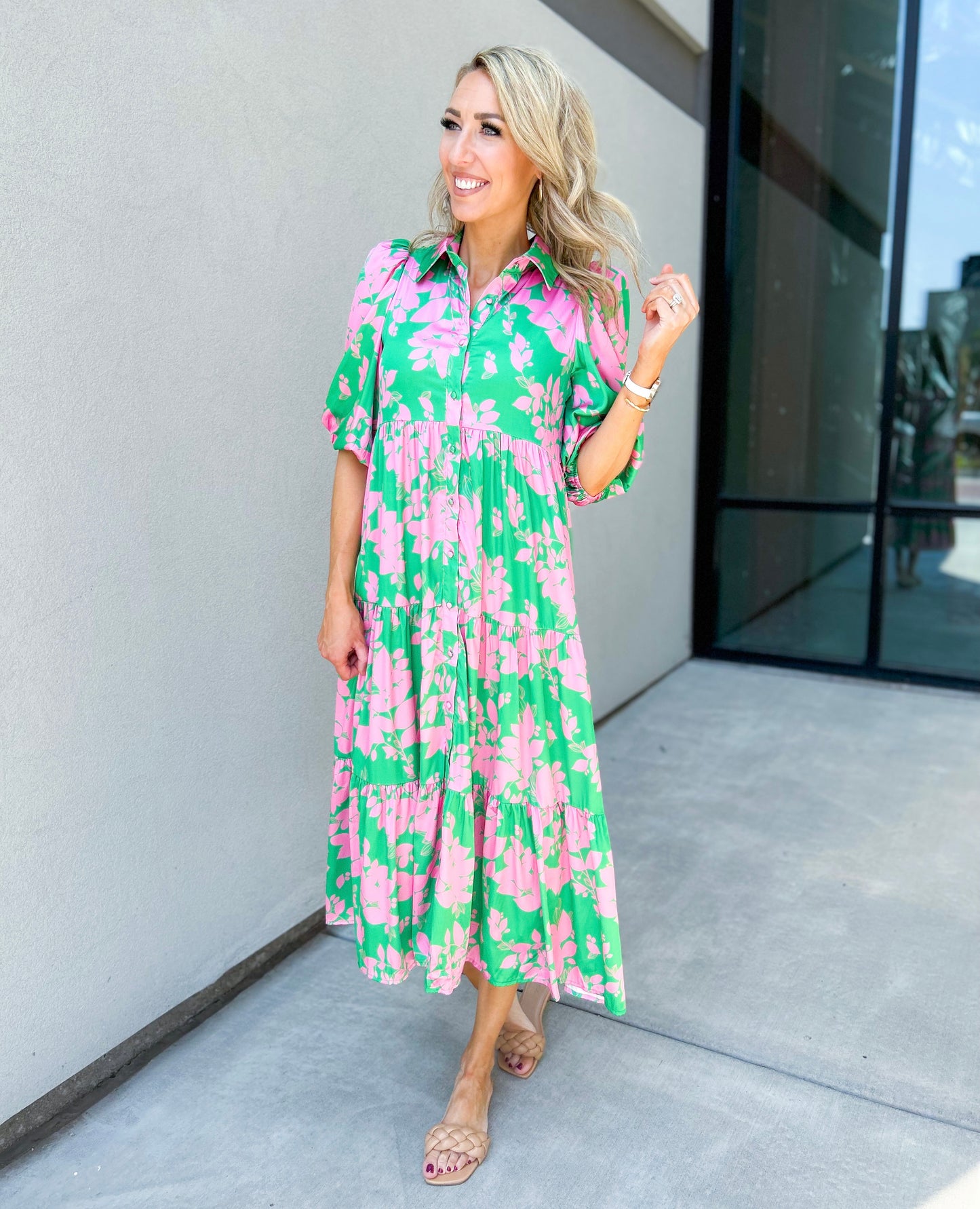 Meara Printed Floral Maxi Dress (Green/Pink)