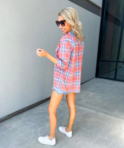 Allery Long Oversized Plaid Button Up Top (Coral)