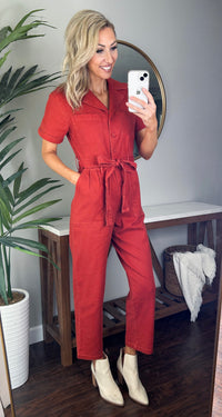 Kendall Stretch Denim Jumpsuit (Rust)