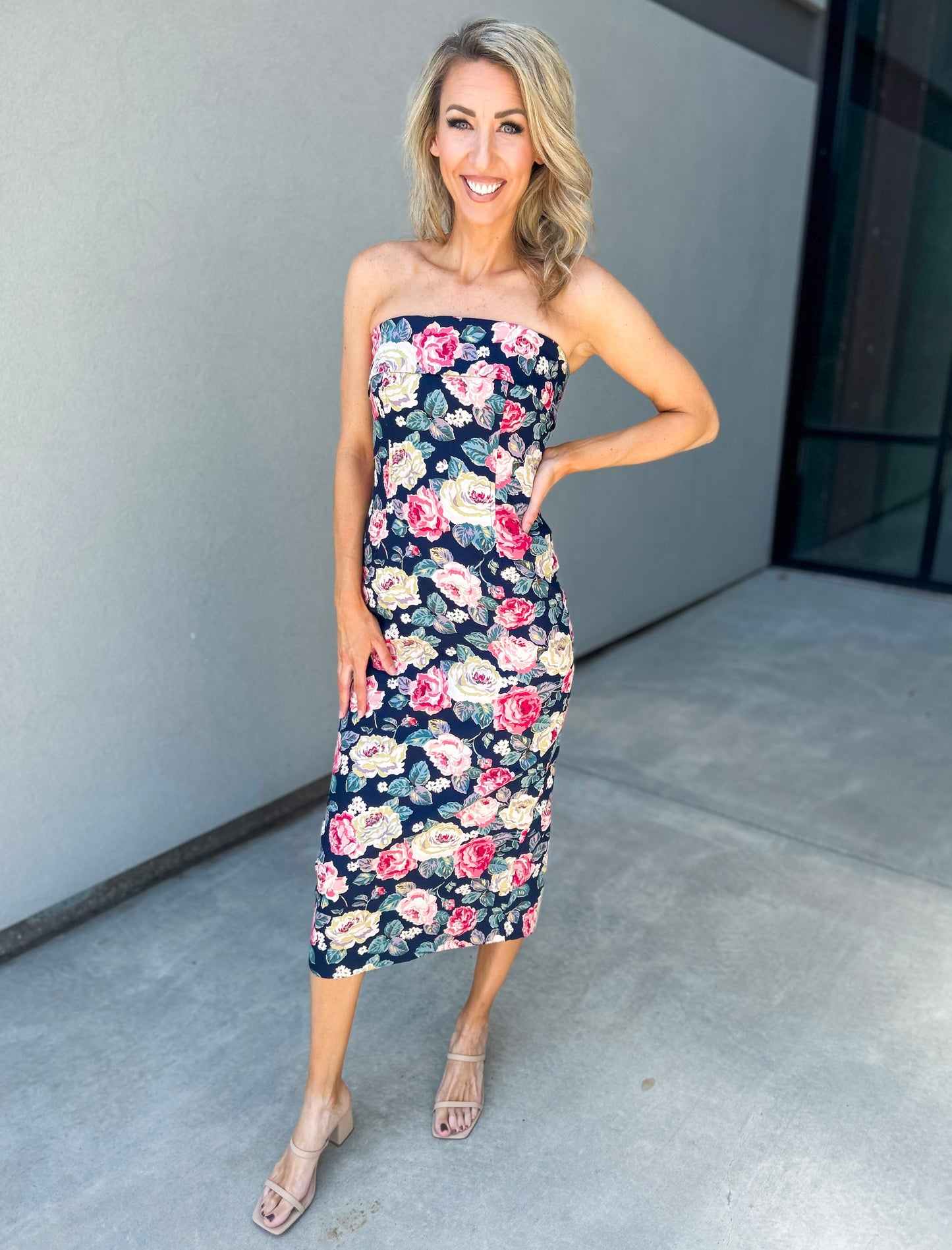 Mable Strapless Floral Midi Dress