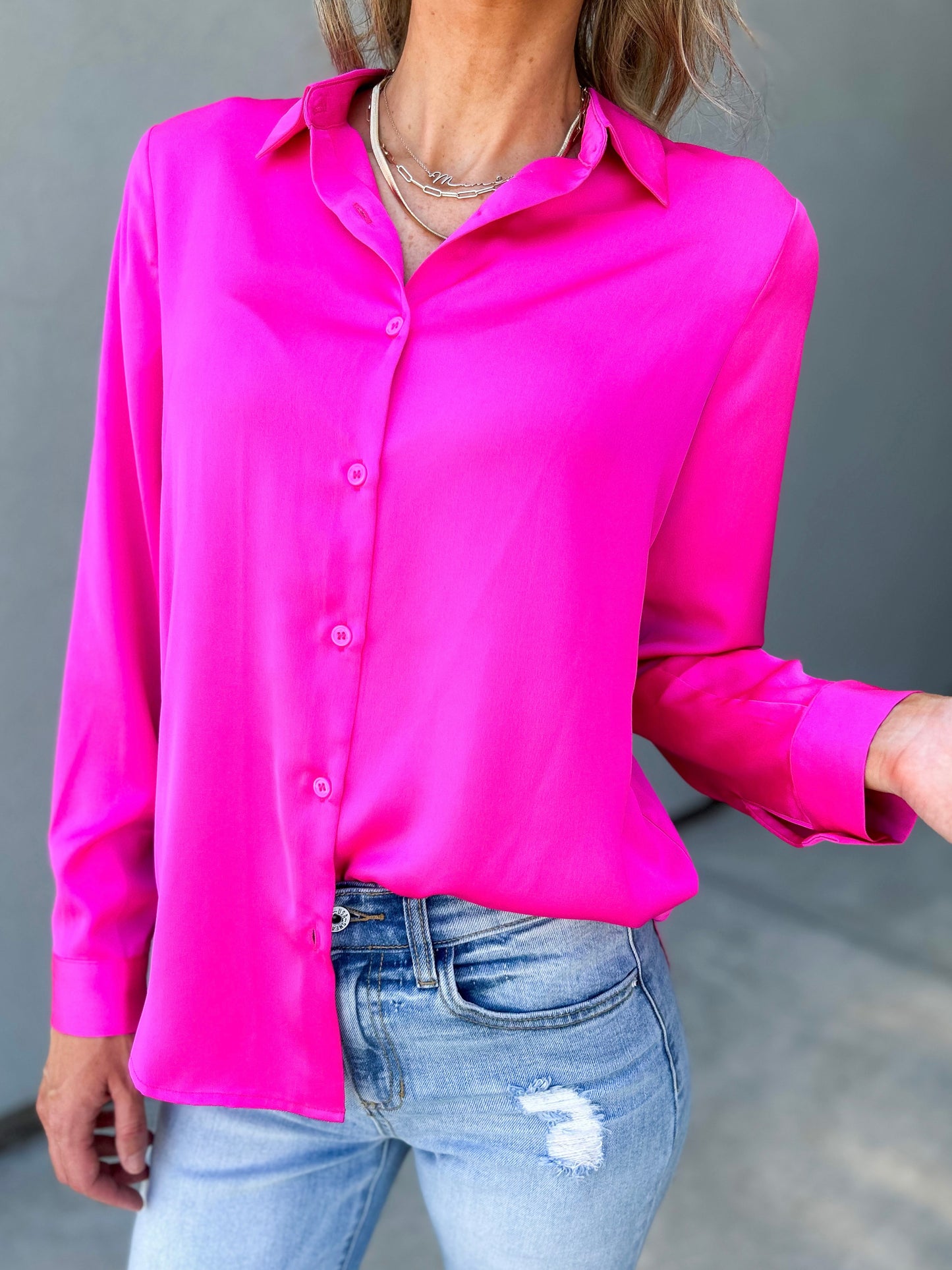 Selena Satin Button Down Top (Neon Light Pink) – Nova Lee Boutique