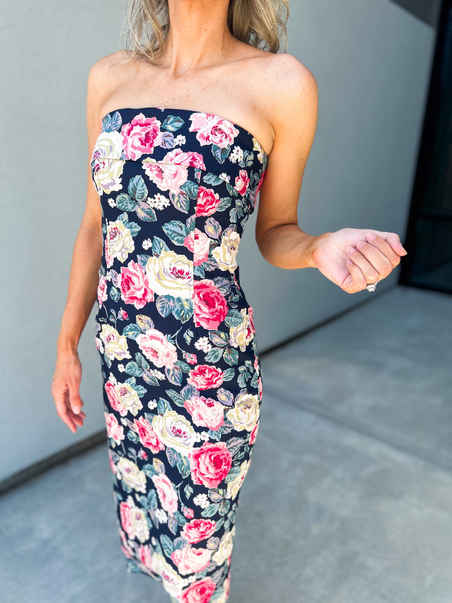 Mable Strapless Floral Midi Dress
