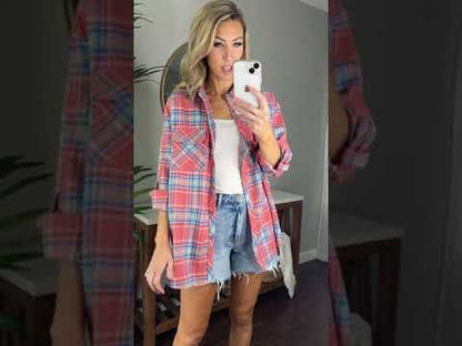 Allery Long Oversized Plaid Flannel Button Up Top (Coral)