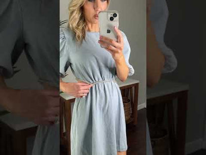 Laney Puff Sleeve Rhinestone Side Cut Out Denim Dress