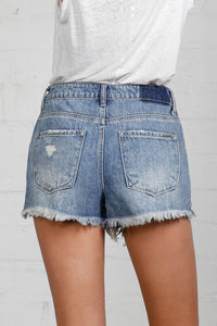 INSANE GENE Scarlette Distressed Medium Wash Denim Shorts