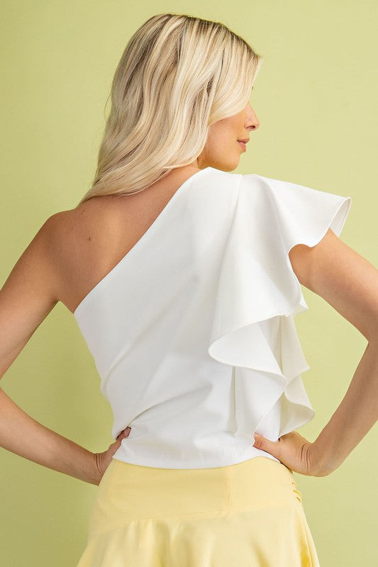 Lovely Ruffle One Shoulder Cropped Top (White)