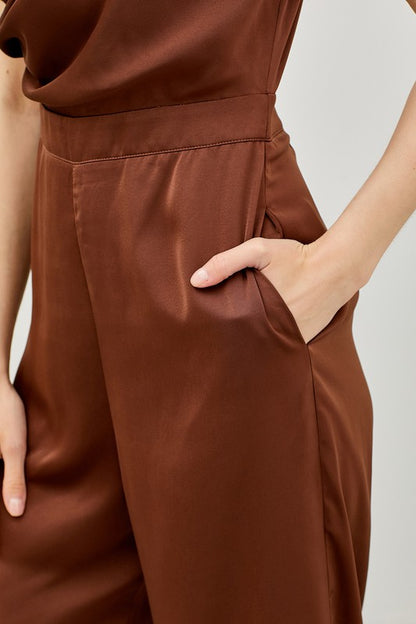 Harley High Cow Neck Wide Leg Satin Jumpsuit