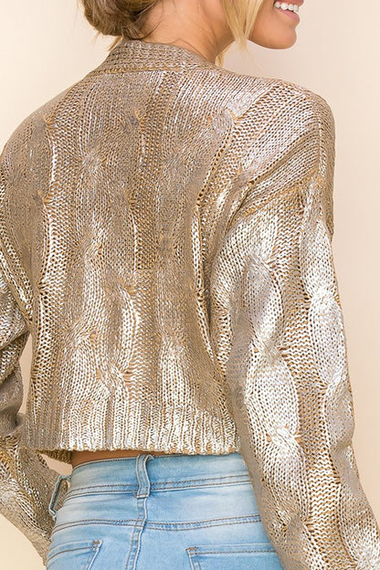 Rio Silver Foiled Crop Button Up Cardigan