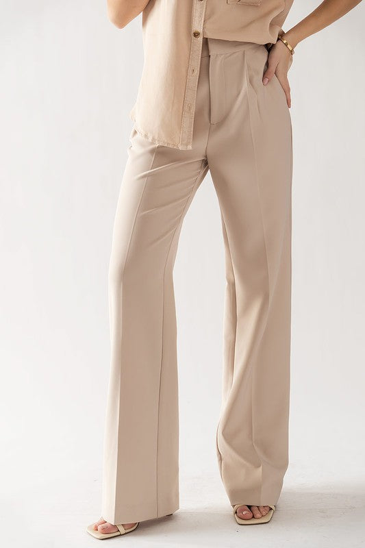 Harlynn High Elastic Waist Wide Leg Pants (Beige)