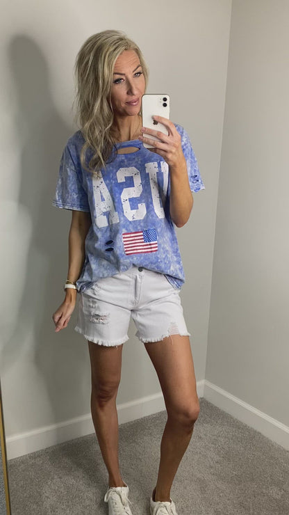 Vintage Blue USA Distressed Mineral Washed Oversized Tee