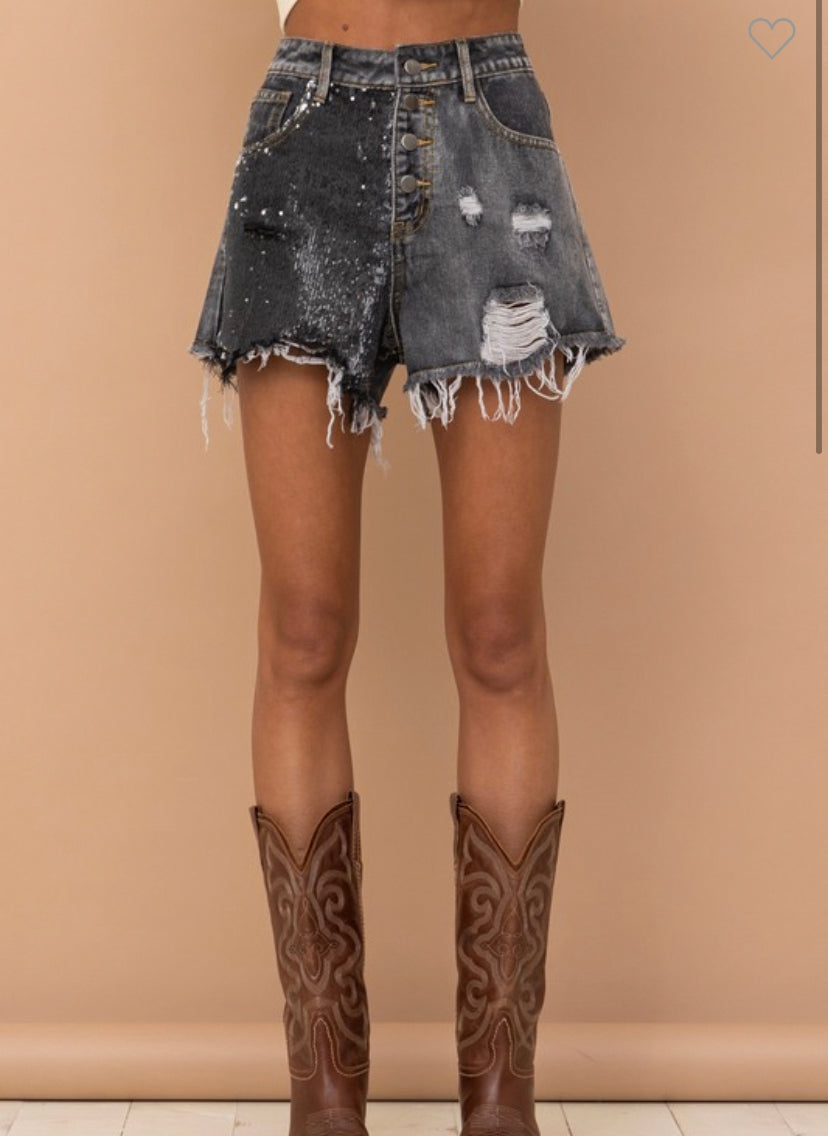 Westley Distressed Sequin Mix Denim Shorts