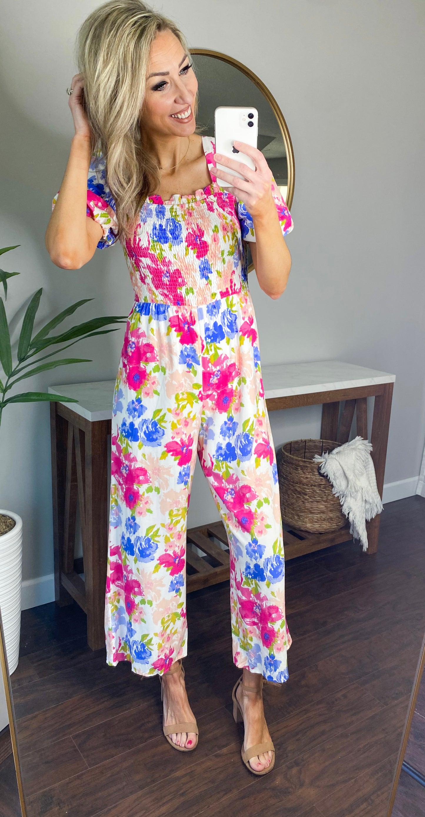 Miabella Smocked Floral Jumpsuit