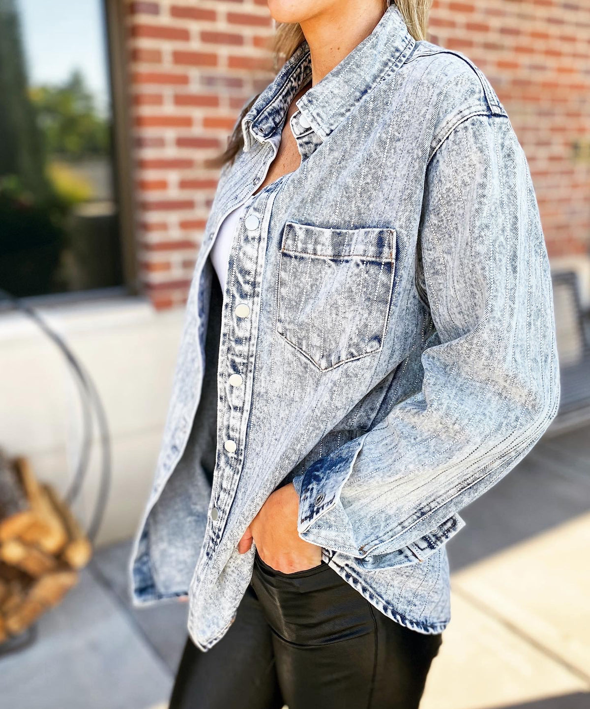 Dynver Embellished Sparkle Striped Oversized Denim Jacket (Light Denim)