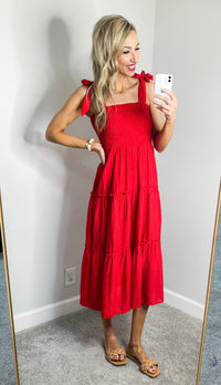 American Sweetheart Shoulder Tie Midi Dress