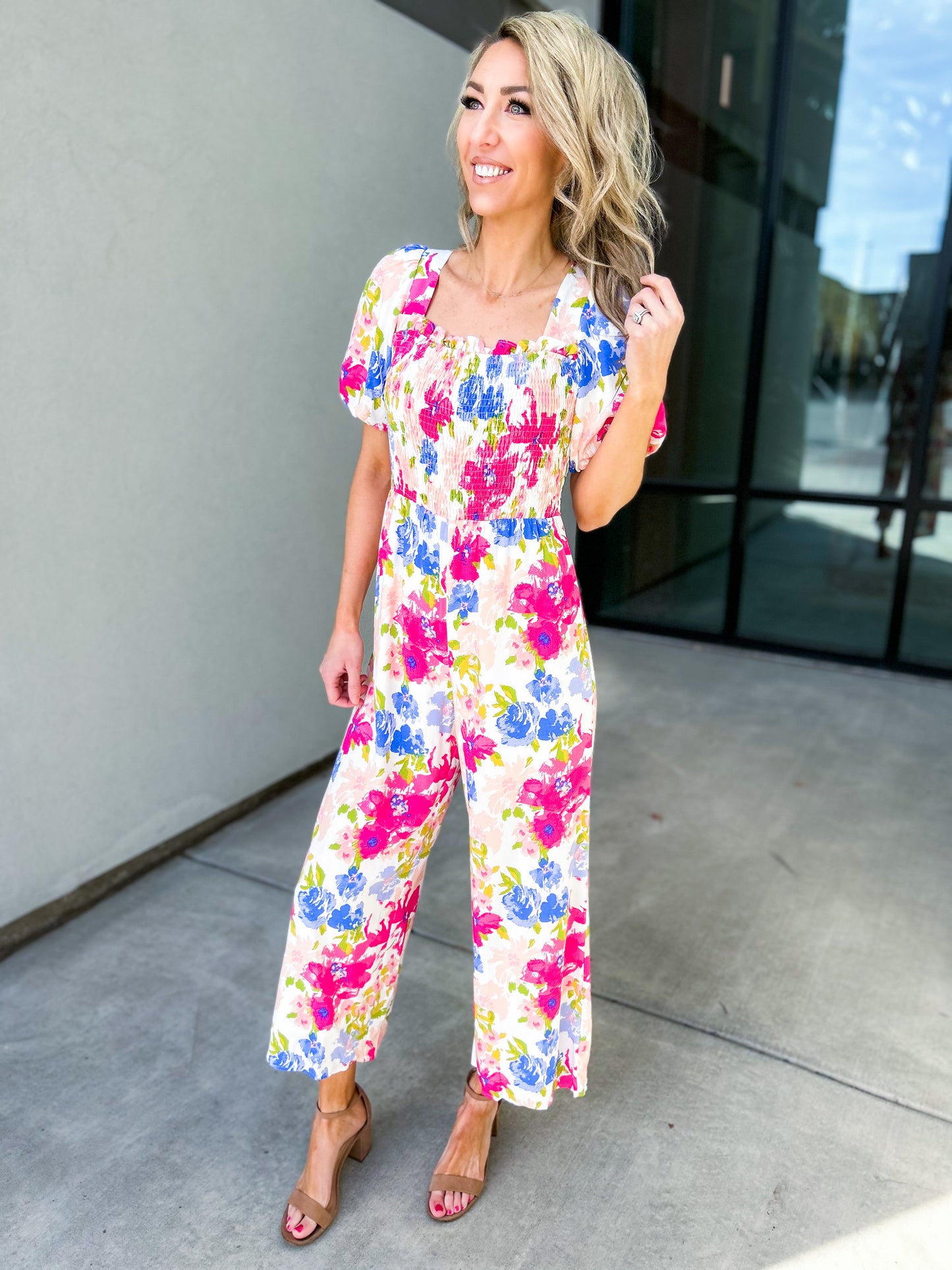 Miabella Smocked Floral Jumpsuit