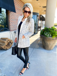 Edie Tweed Faux Leather Collar Oversized Blazer Jacket