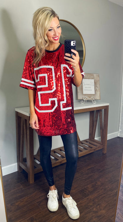 #15 Red Sequin Jersey TShirt Dress