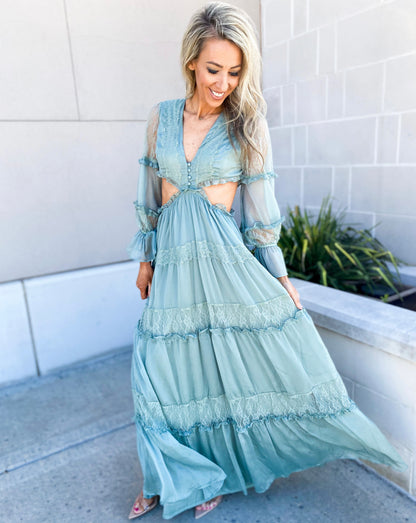 Sarai Ruffle Side Cut Outs Maxi Dress
