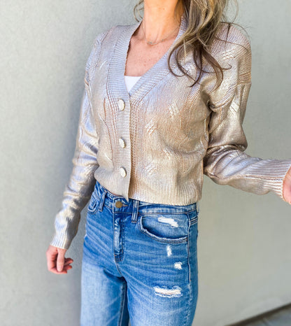 Rio Silver Foiled Crop Button Up Cardigan