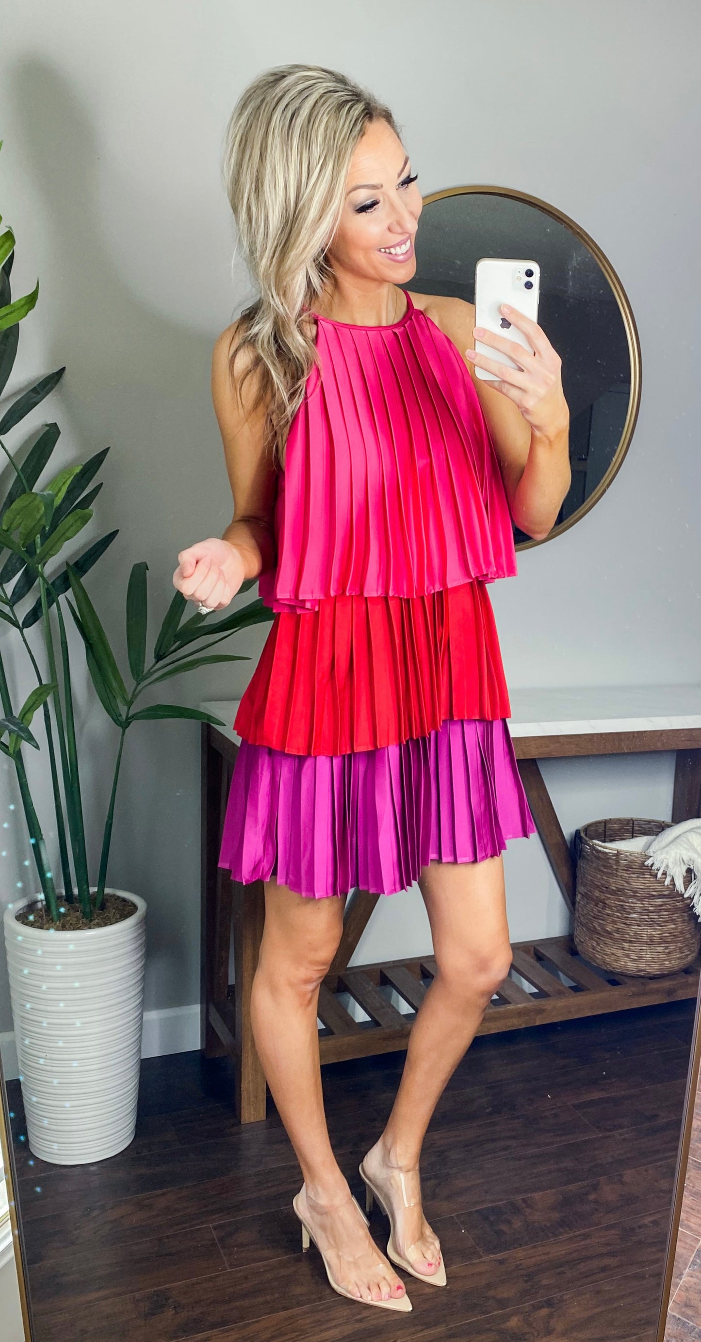 Mariella Color Blocked Pleated Satin Tiered Mini Dress