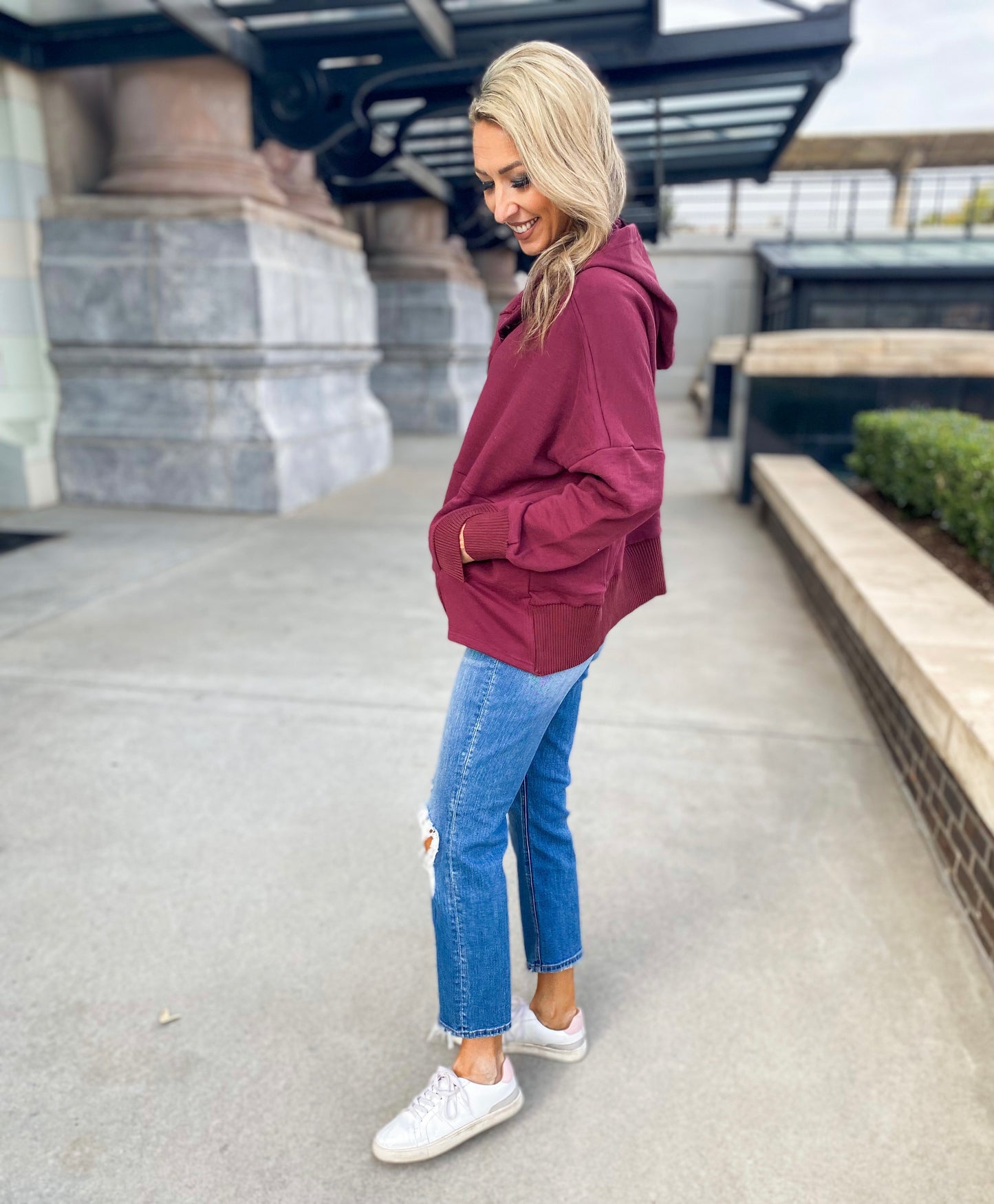 Anngie French Terry Oversized Pullover Hoodie (Wine)