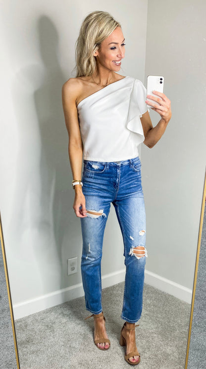 Lovely Ruffle One Shoulder Cropped Top (White)