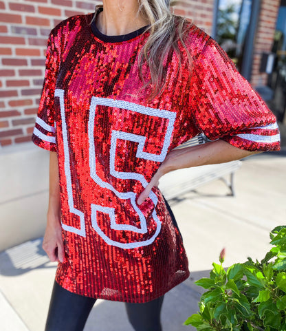 #15 Red Sequin Jersey TShirt Dress