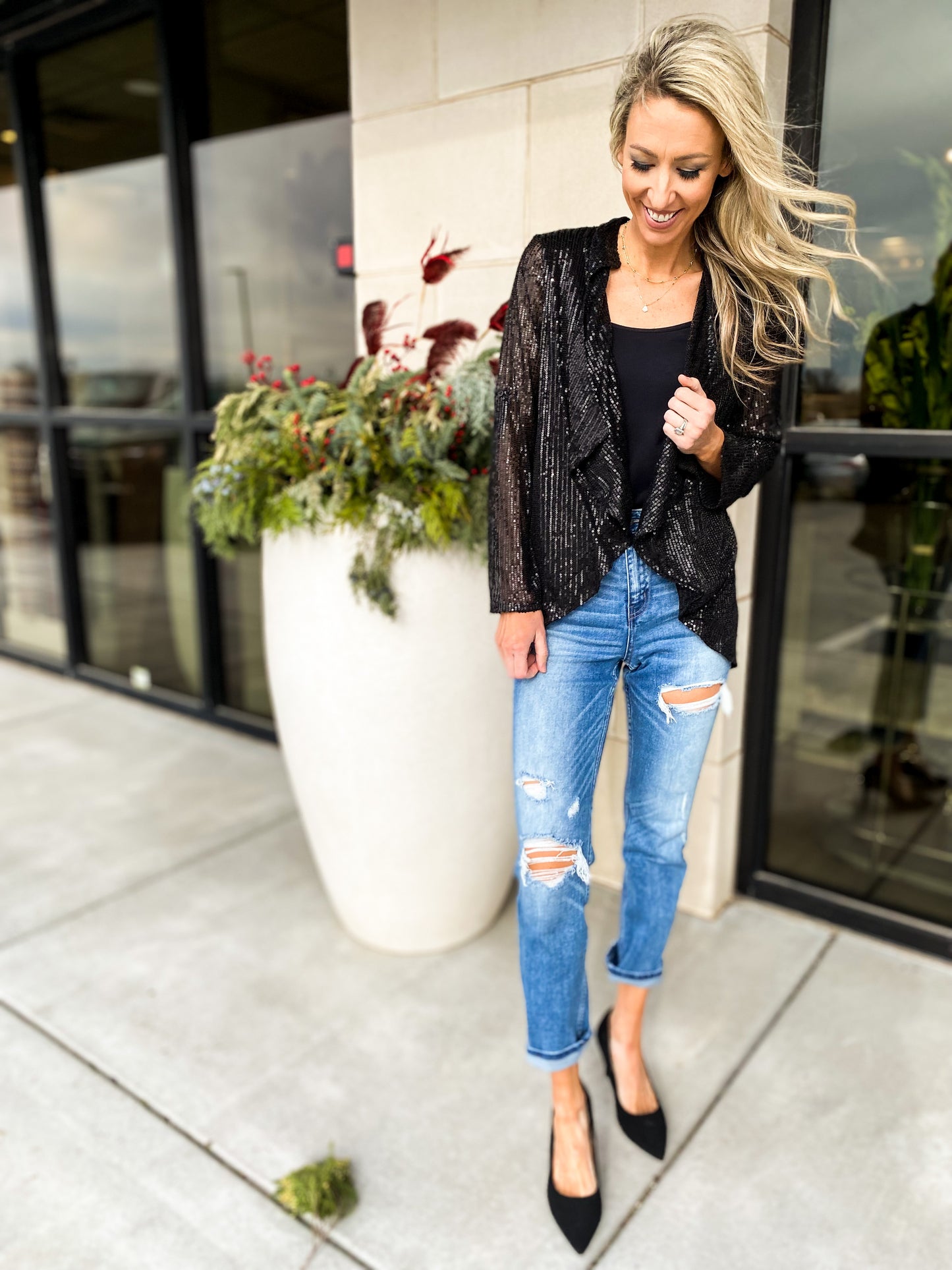 Flashy Sequin Oversized Draped Blazer (Black)