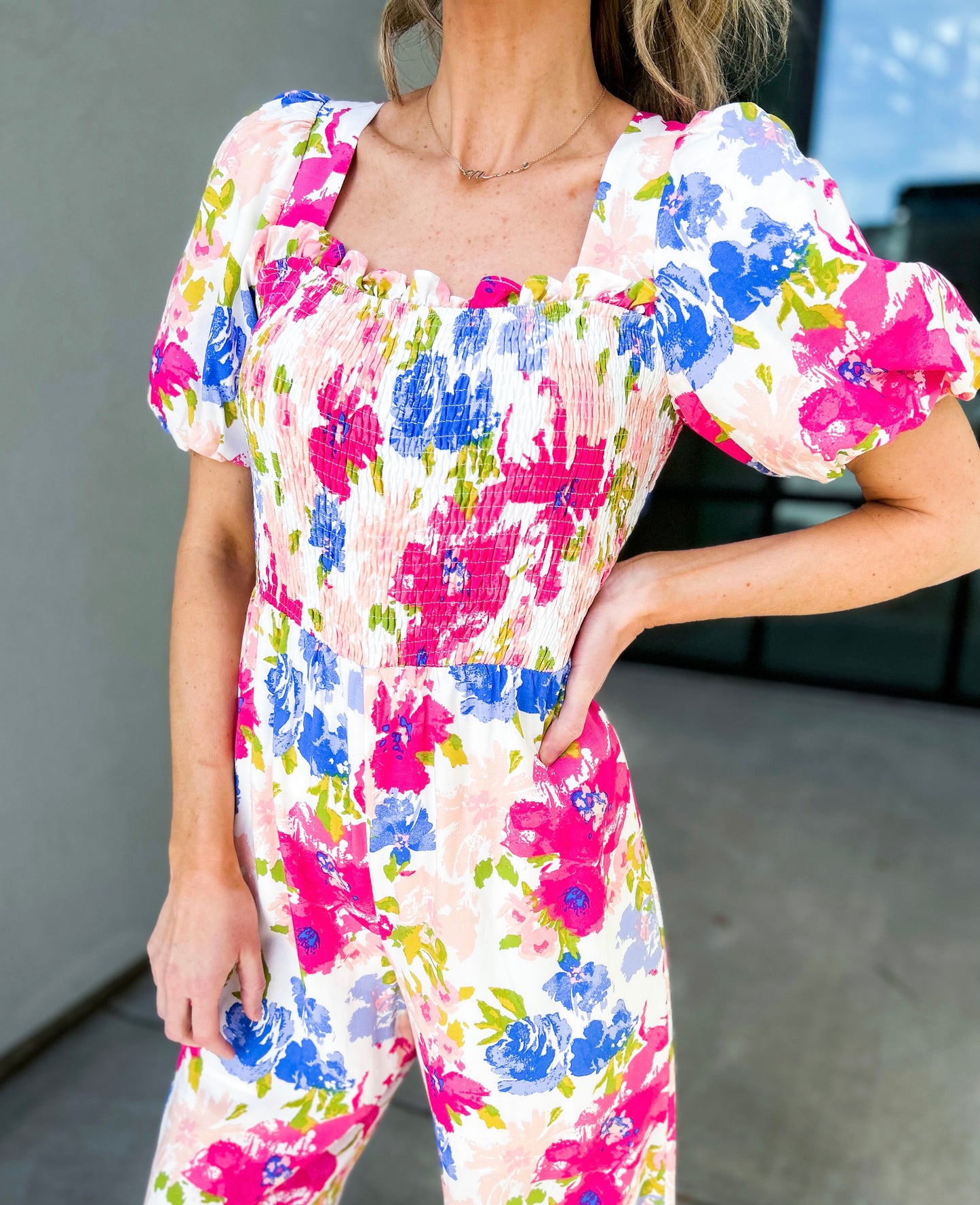 Miabella Smocked Floral Jumpsuit