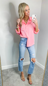 Selena Satin Button Down Top (Neon Light Pink)