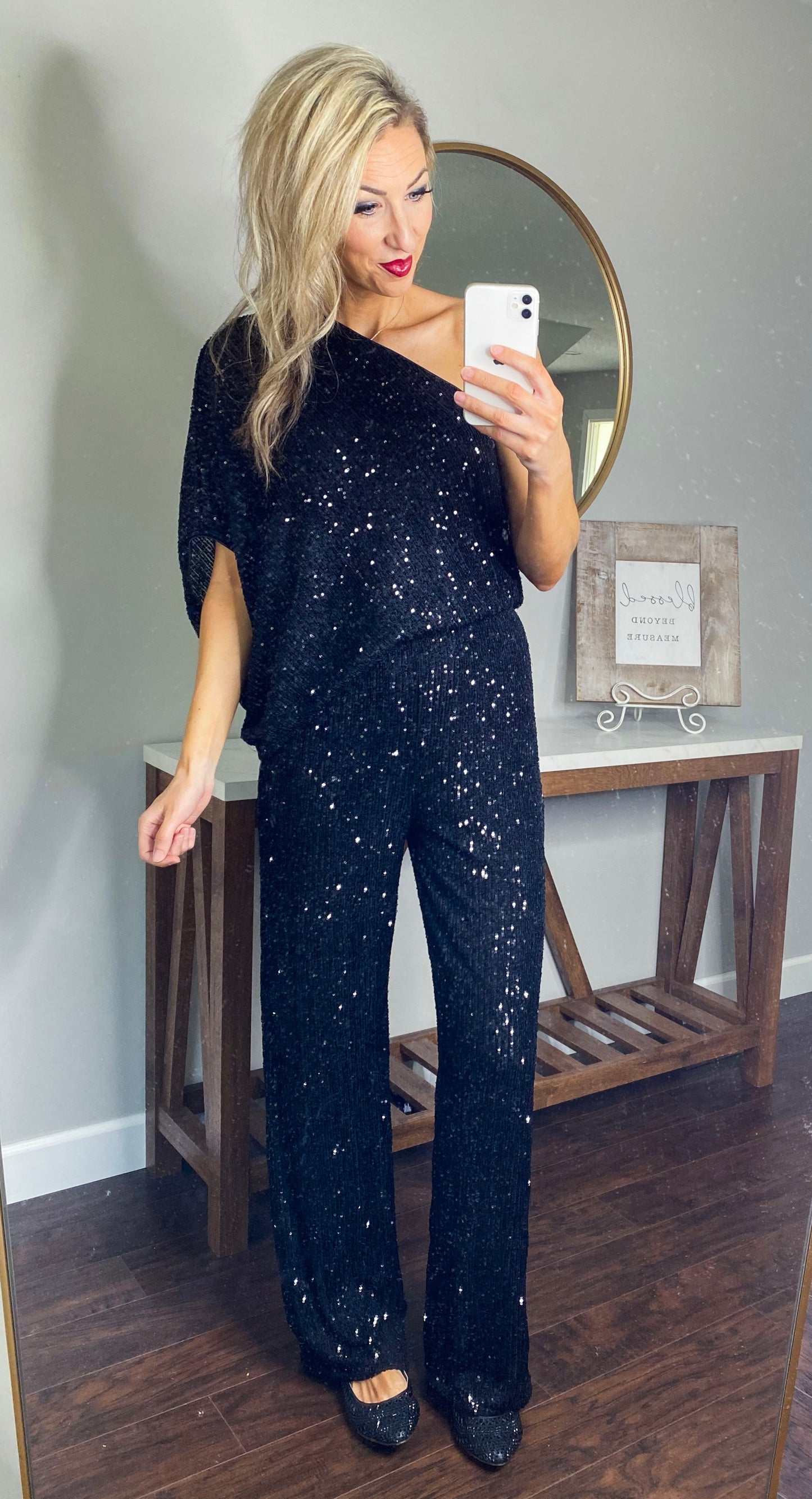 Mallory Sequin One Shoulder Wide Leg Jumpsuit