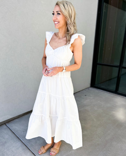 Ellenora Poplin Ruffle Sleeve Maxi Dress (White)