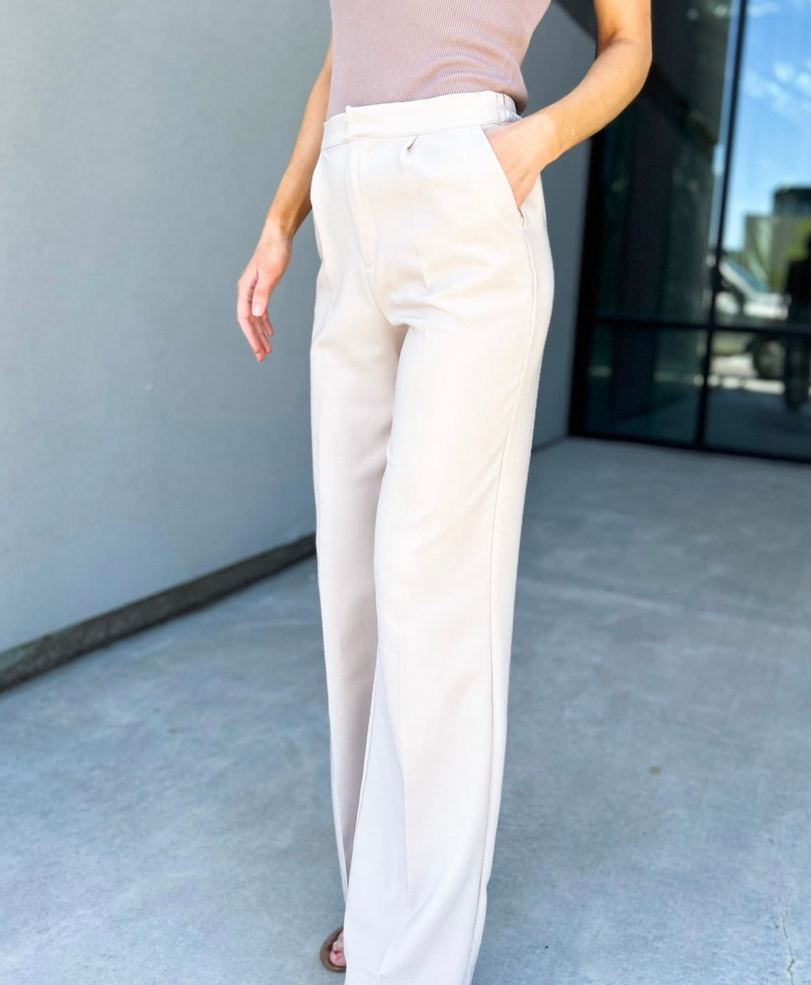 Harlynn High Elastic Waist Wide Leg Pants (Beige)