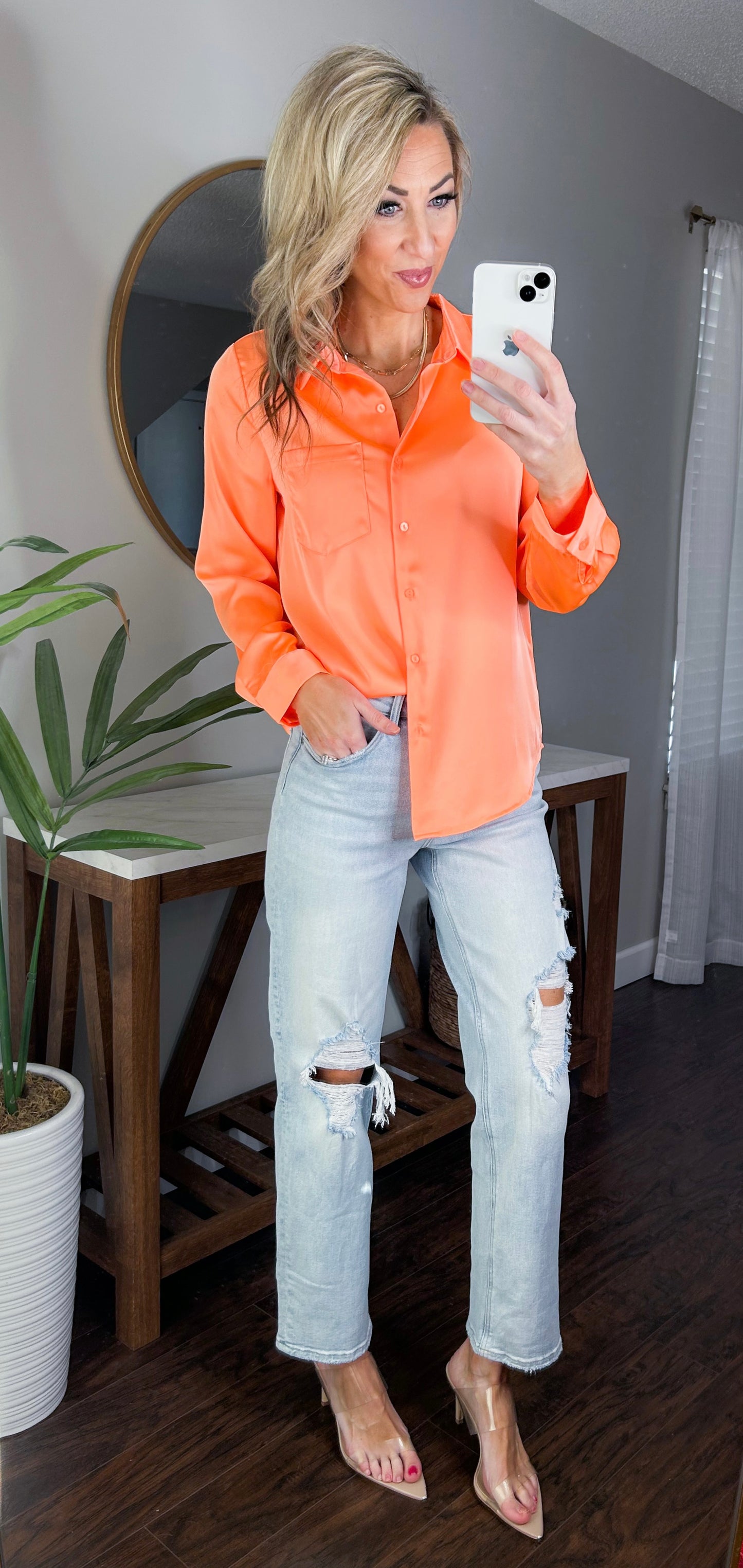 Selena Satin Button Down Top (Neon Orange)