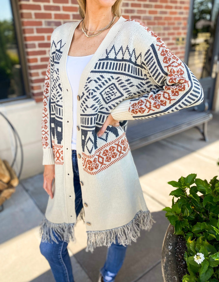 Dunn Aztec Frayed Oversized Long Cardigan