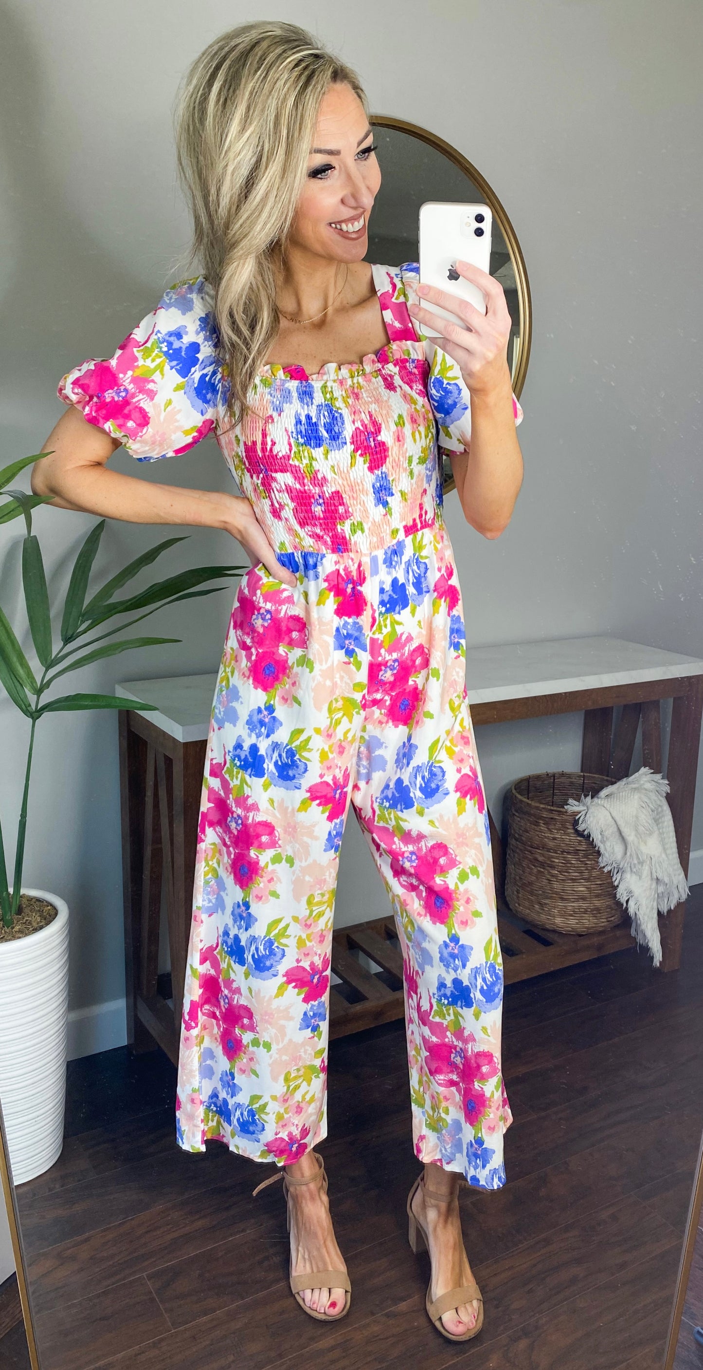 Miabella Smocked Floral Jumpsuit