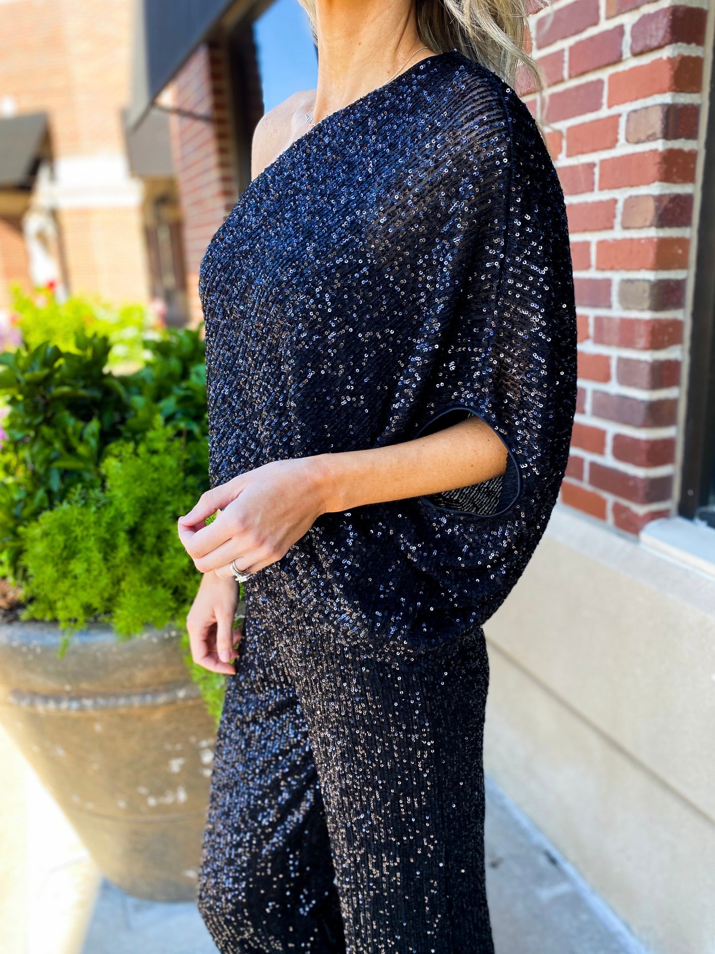 Mallory Sequin One Shoulder Wide Leg Jumpsuit