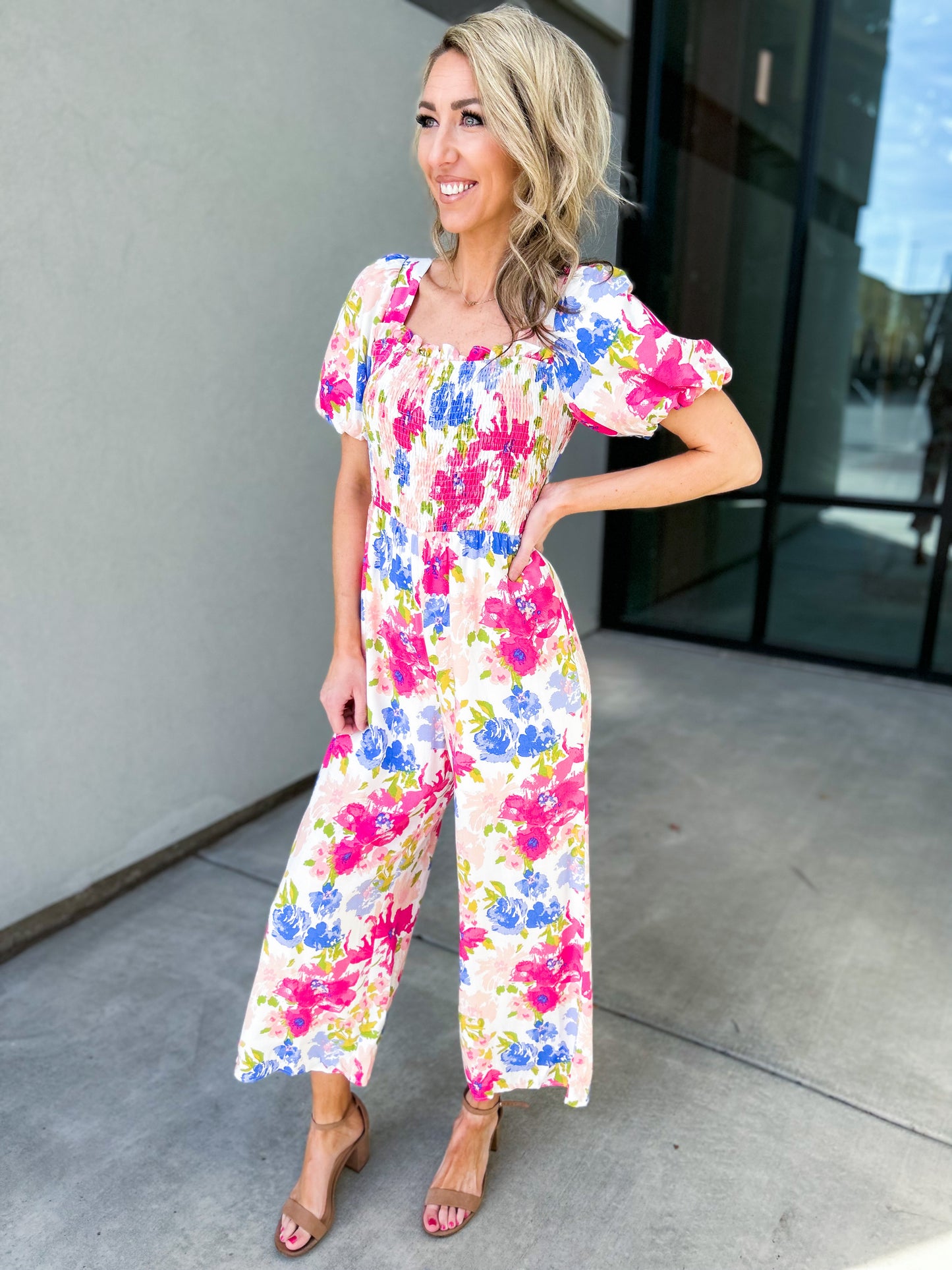 Miabella Smocked Floral Jumpsuit