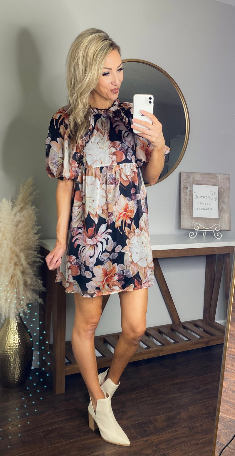 Dark Night Puff Sleeve Floral Dress