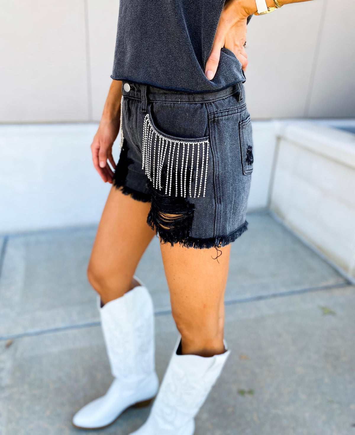 Dolly Rhinestone Fringe High Rise Distressed Jean Shorts (Black)