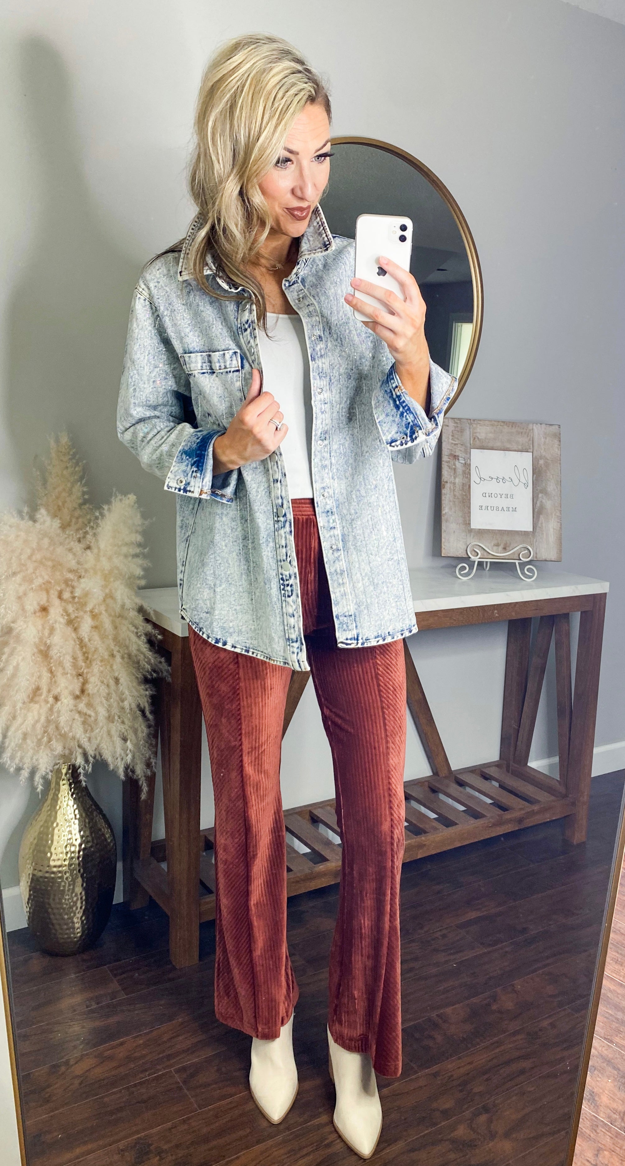 Dynver Embellished Sparkle Striped Oversized Denim Jacket Light Denim