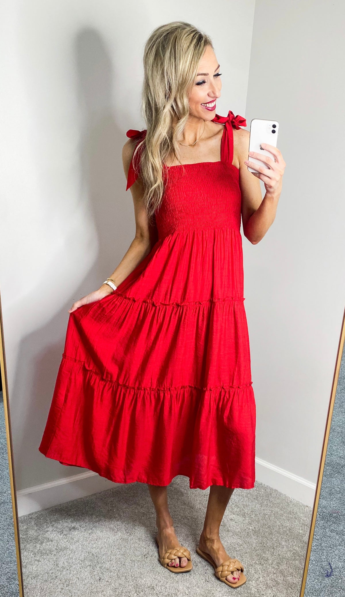 American Sweetheart Shoulder Tie Midi Dress