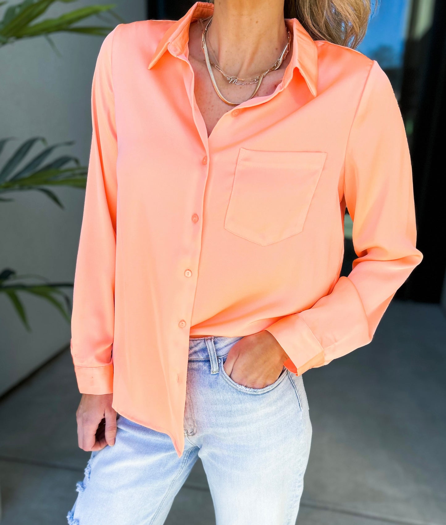 Selena Satin Button Down Top (Neon Orange)