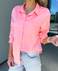 Selena Satin Button Down Top (Neon Light Pink)