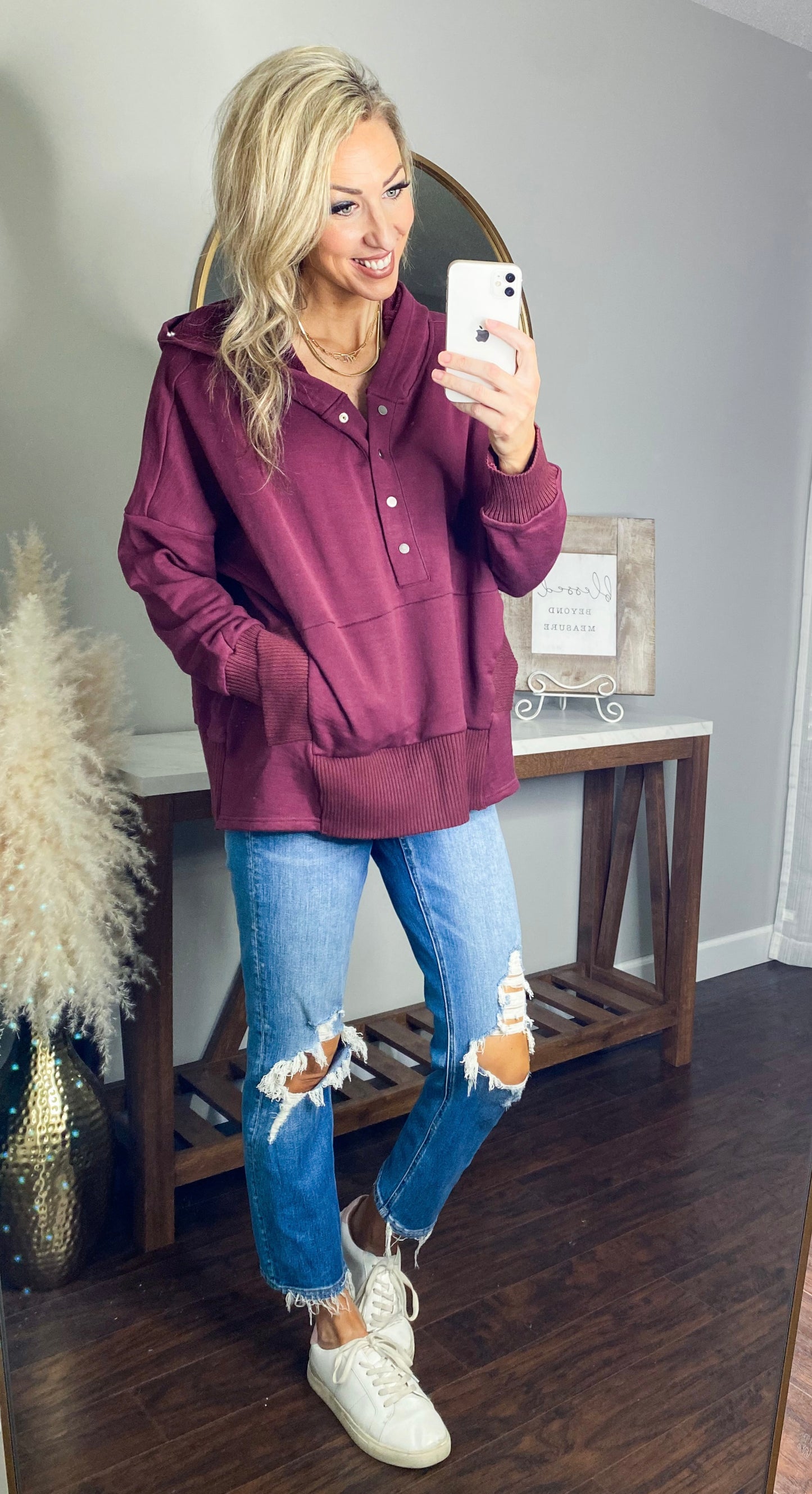 Anngie French Terry Oversized Pullover Hoodie (Wine)