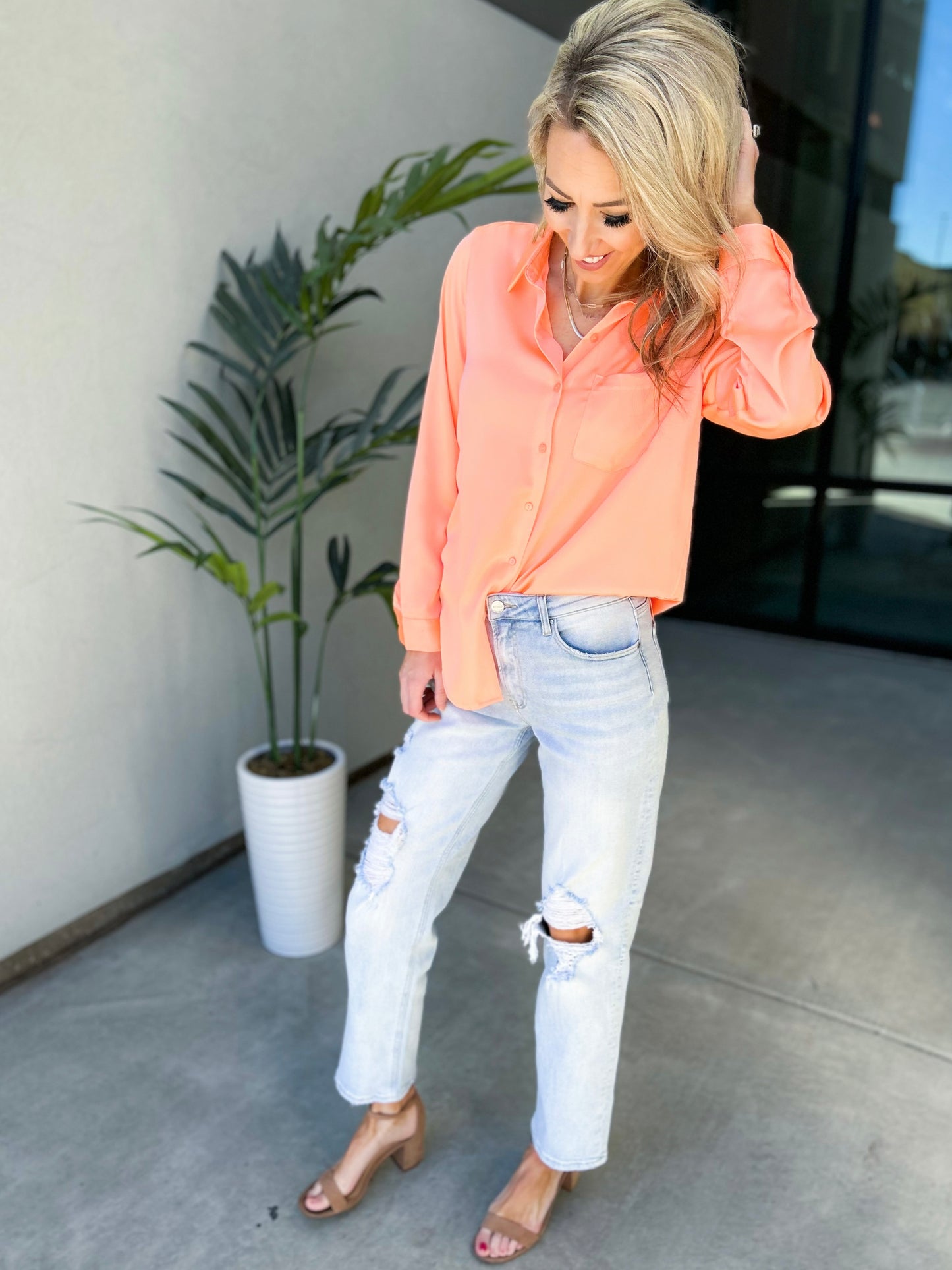 Selena Satin Button Down Top (Neon Orange)