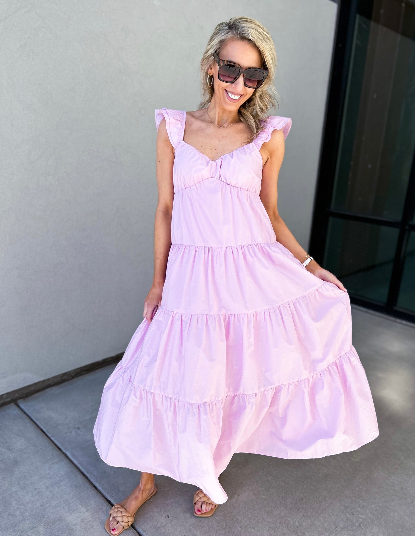 Ellenora Poplin Ruffle Sleeve Maxi Dress (Lavendar)